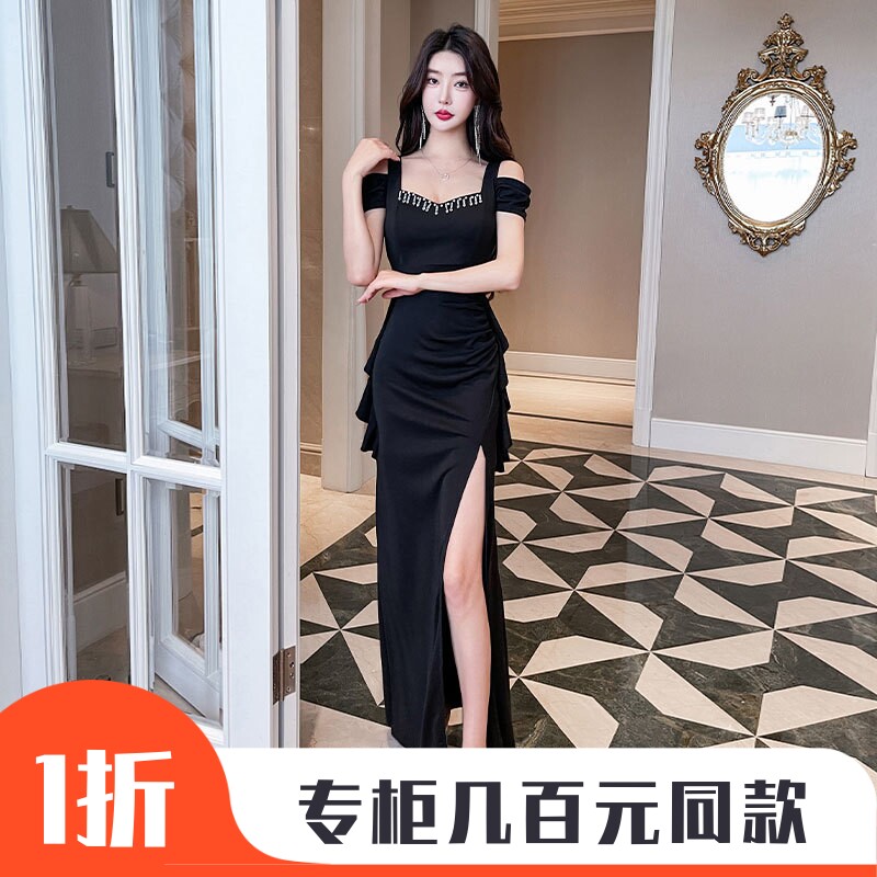 夜场晚礼服工作服会所门迎包臀开叉长裙子佳丽晚礼服夜场上班衣服