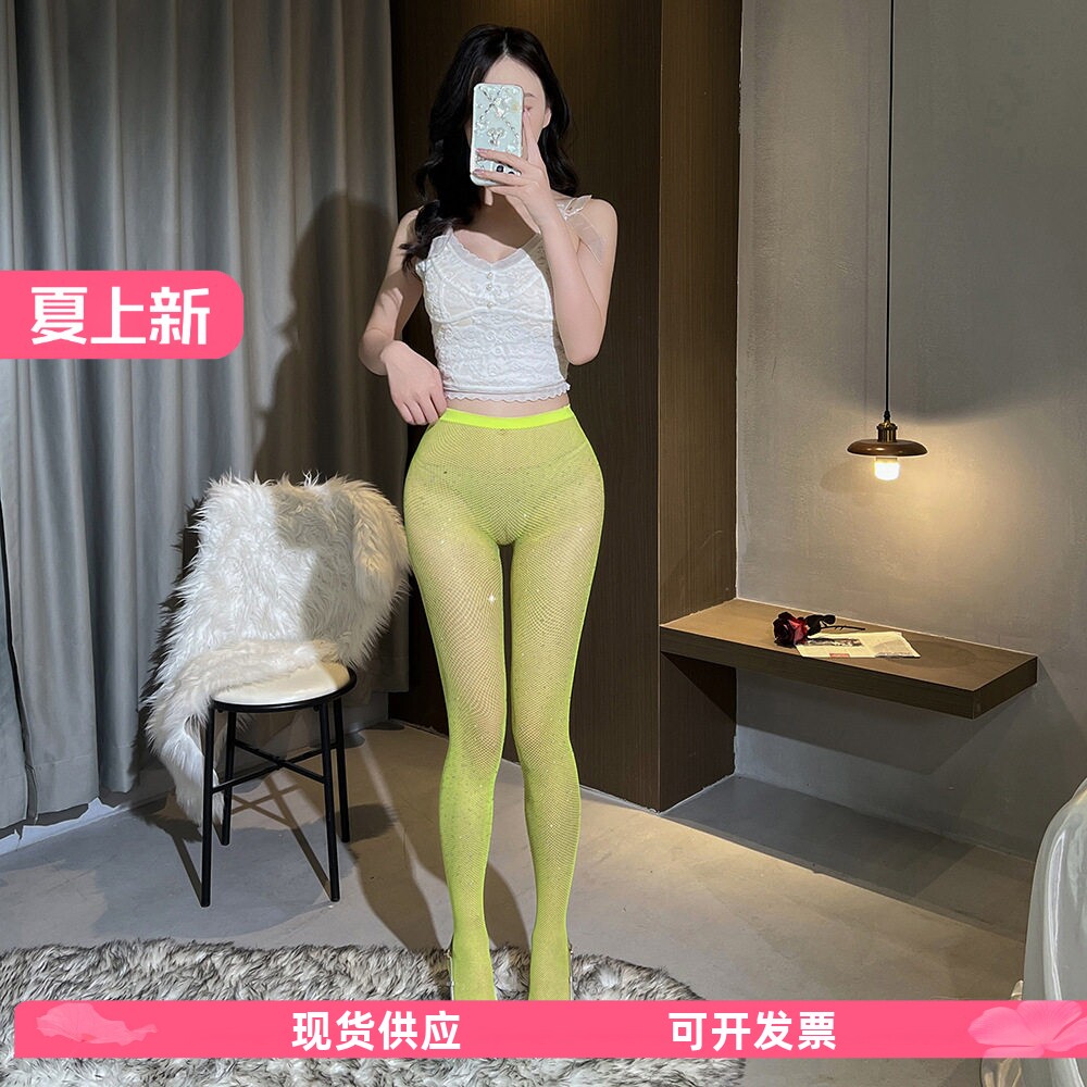 烫钻连裤袜加钻黄色薄款性感网眼渔网袜辣妹镂空女袜tz137