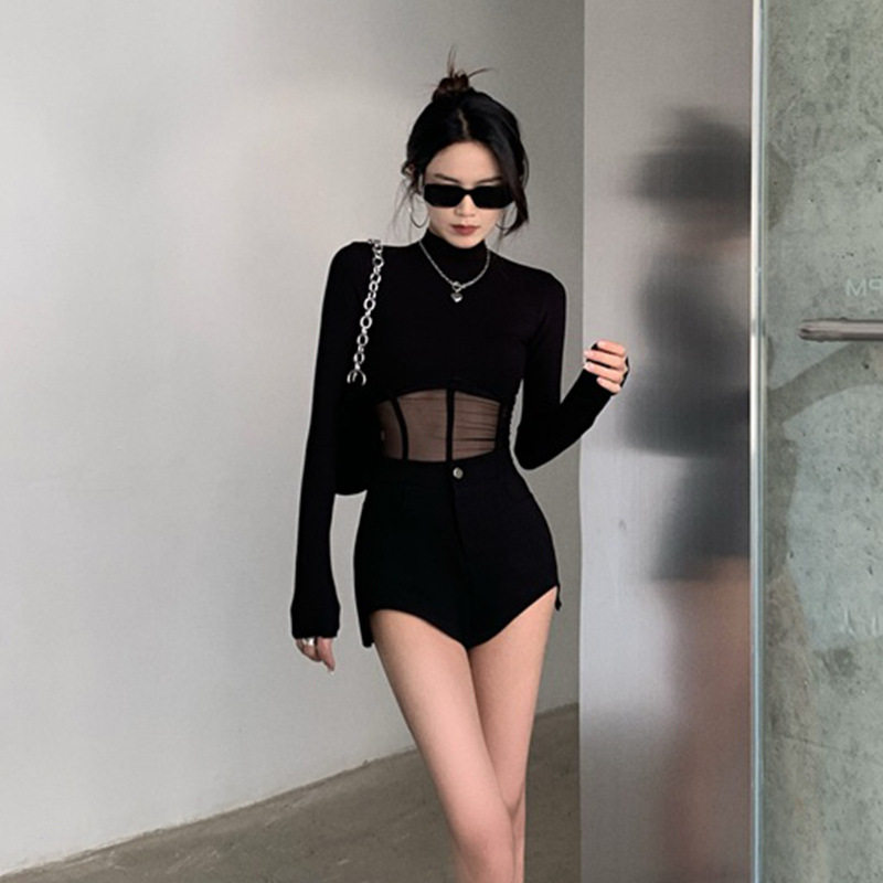 黑色蕾丝打底衫氛围感鱼骨上衣女夏季欧美性感设计感辣妹网纱T恤