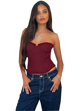 欧美蕾丝性感法式甜美少女胶骨塑身性感抹胸露背透视胸上衣51462