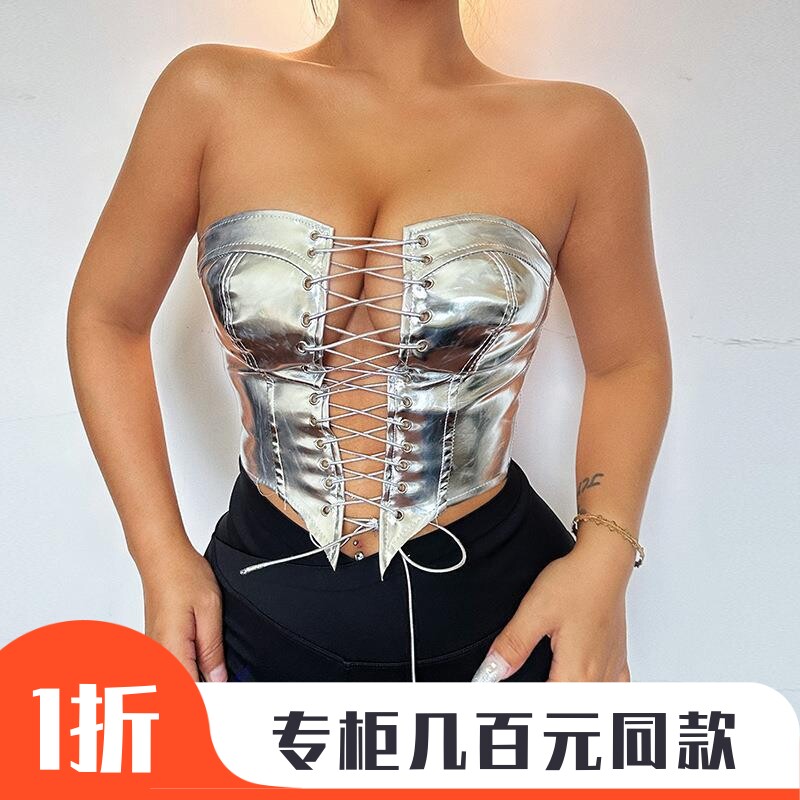 欧美金属感亮面裹胸潮人性感系带爆款辣妹上衣束腰开衫显瘦小背心