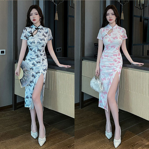 国风旗袍年轻款性感长款收腰显瘦复古印花改良开叉包臀连衣裙
