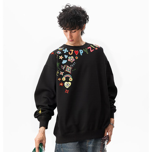 卫衣圆领舒适 新品 方块几何卡通刺绣国潮长袖 中国风宽松秋冬时尚