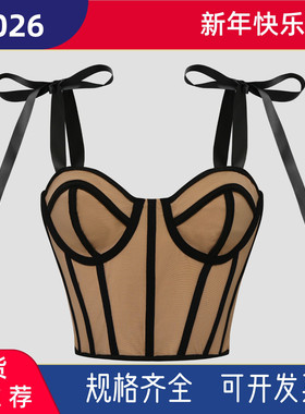 欧美辣妹性感撞色绑带修身百搭短款露脐钢圈鱼骨吊带背心60712