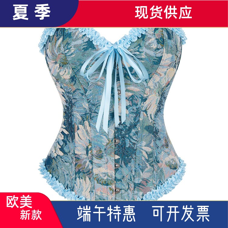 宫廷新款蓝色有花边美体束腰托胸女士宫廷塑身衣亚马鱼骨束胸衣