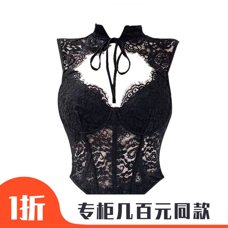 欧美蕾丝拼接鱼骨背心热辣风上衣束腰鱼骨外穿吊带裹胸小背心