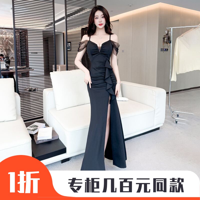感一字肩性感连衣裙女露肩钉珠网纱吊带裙侧边荷叶高开叉长裙