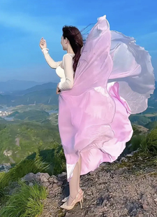 Golden Silk Chiffon Fabric Beach Skirt波西米亚旅拍沙滩长裙