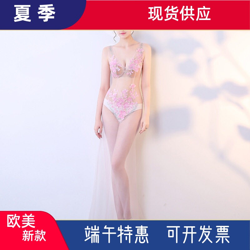 桑拿KTV工作服性感透视装礼服晚装蕾丝镂空透明深V领长款演出服