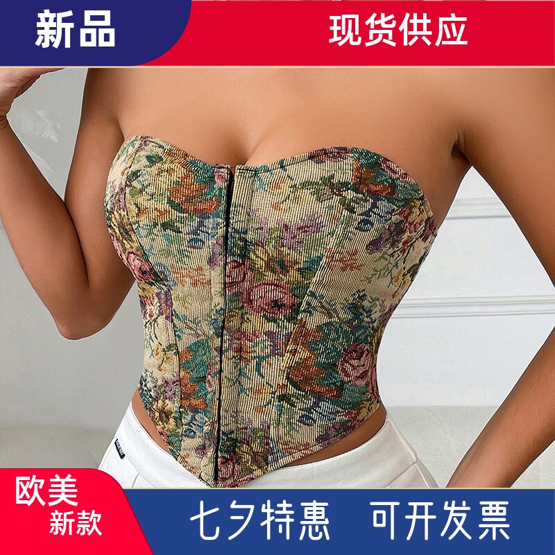 网红主播油画抹胸复古提花性感低胸裹胸鱼骨排扣欧美风背心上衣
