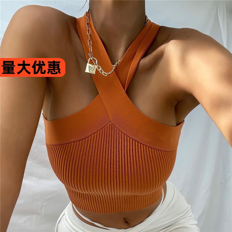 欧美时尚经典女装露肩交叉挂脖弹力针织线衣百搭露腰短款无袖背心