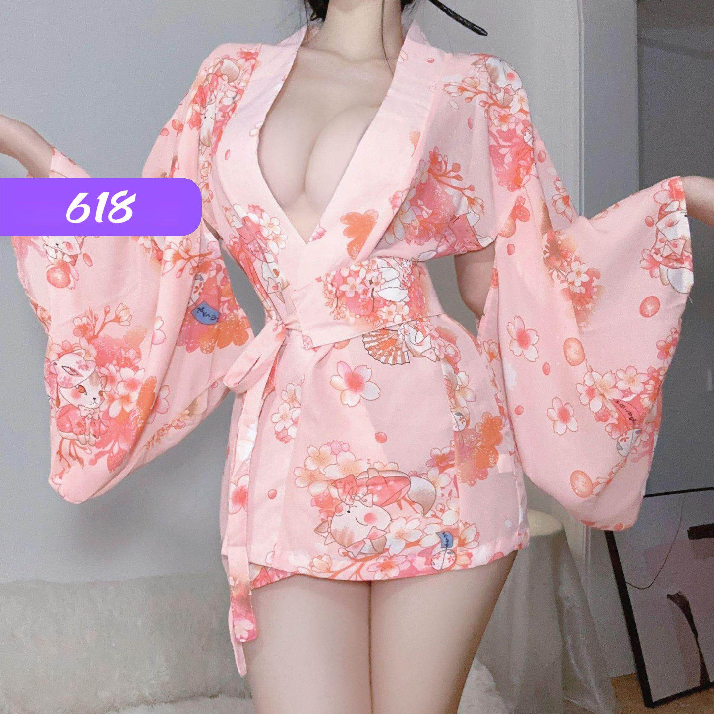 性感日式樱花和服cos纯欲可外穿睡衣长袖印花冰丝V领睡袍