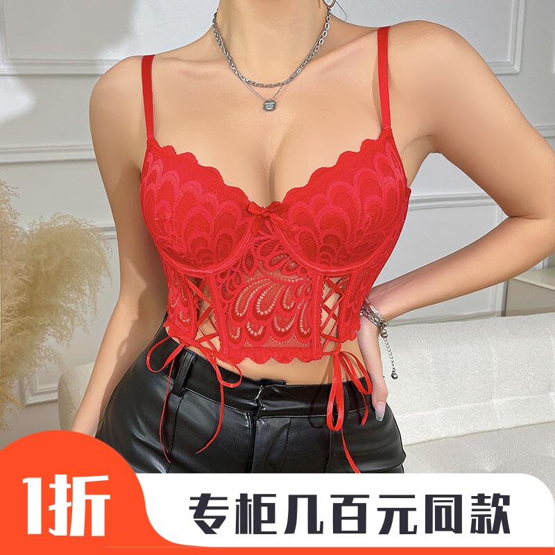跨境性感聚拢纯欲绑带束腰红色文胸蕾丝鱼骨胸衣吊带背心性感辣妹