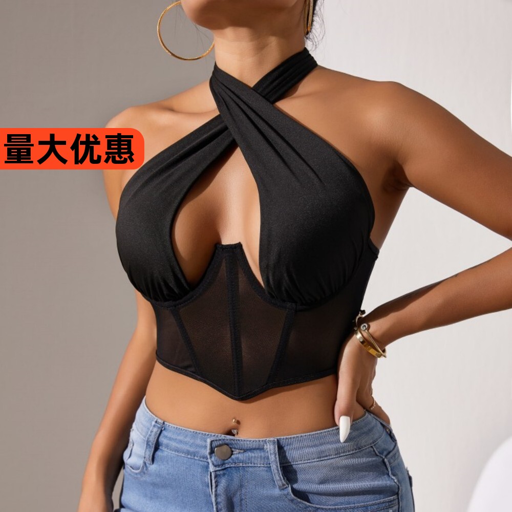 跨境外贸款网纱美胸挂脖系带裹胸性感辣妹鱼骨钢圈外穿露背小