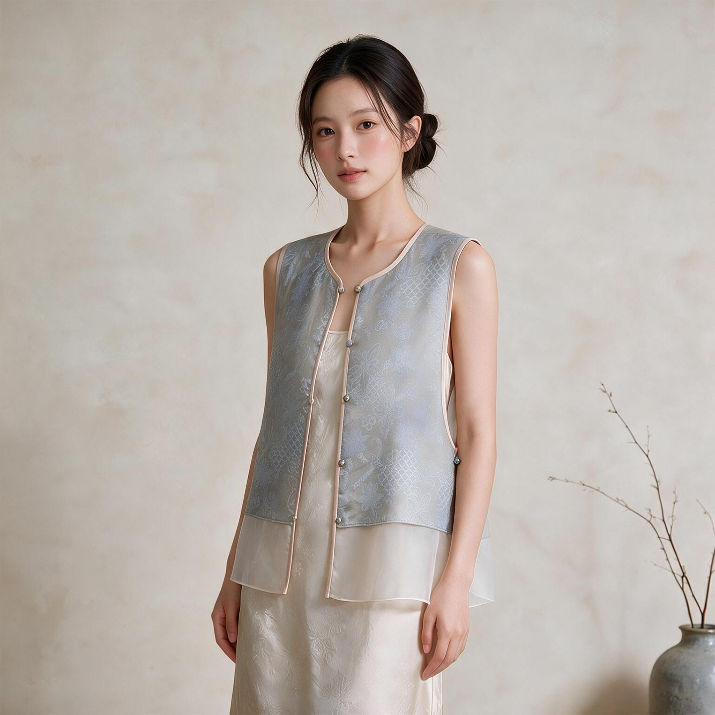 新中式垂坠感桑蚕丝圆领马甲女