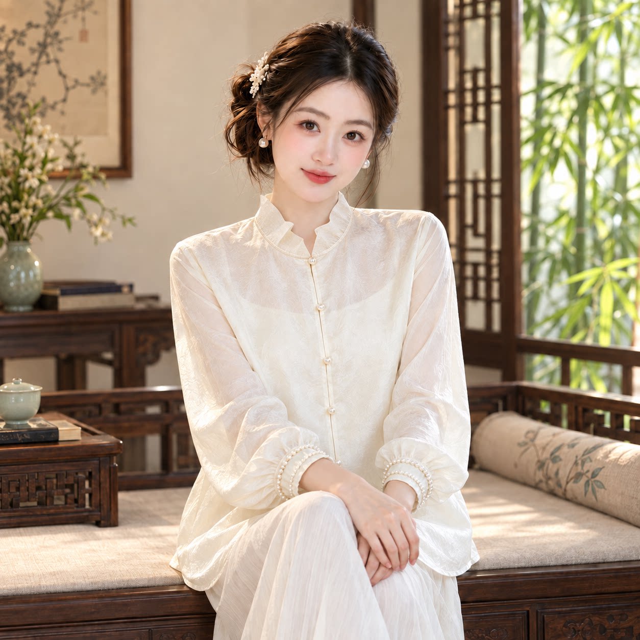 法式立领白色显瘦百搭女衬衫