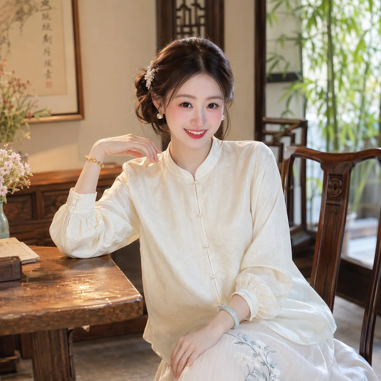 高端垂坠感立领衬衫长袖上衣女