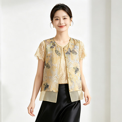 2026夏季桑蚕丝浮光锦提花新中式马甲女轻薄透气国风外搭真丝罩衫