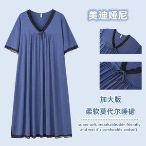 胖MM宽松大码长款V领花边莫代尔短袖睡裙女夏孕妇薄款连衣裙200斤