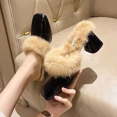 毛毛拖鞋女外穿高跟鞋秋冬季2025新款高级感粗跟加绒包头穆勒半拖