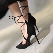 女细跟性感时尚 2023年夏新款 黑色尖头细绳绑带高跟鞋 中空包头凉