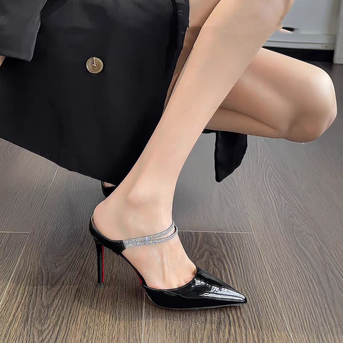法式尖头可两穿细跟红底高跟鞋女2026新款气质名媛水钻包头凉拖鞋