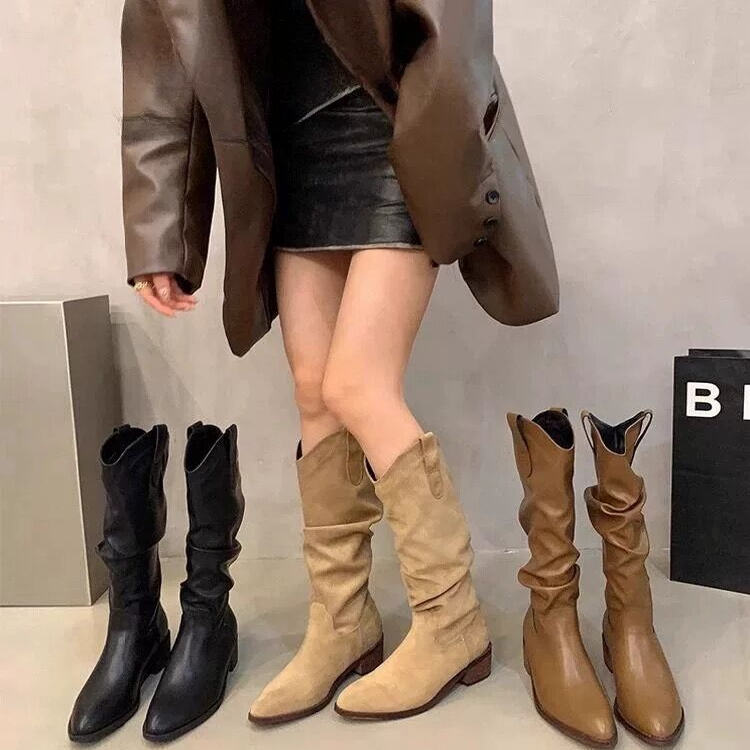 低跟尖头高筒长筒靴子女2025新款夏秋季西部牛仔粗跟骑士靴堆堆靴