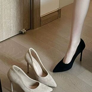 学生礼仪绒面细跟气质名媛超高跟单鞋 新款 女2025年夏季 裸色高跟鞋