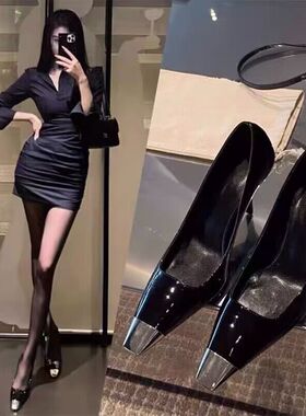 朴彩英rose同款黑色漆皮高跟鞋2022年秋季新款金属方头细跟单鞋女