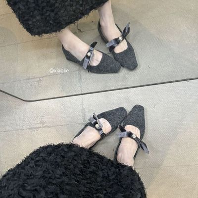 方头呢子灰色粗跟单鞋女冬季款法式气质加绒晚晚高跟玛丽珍毛毛鞋