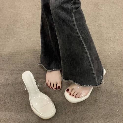 踩屎感厚底防水台透明一字带高跟凉鞋女夏季外穿水晶跟粗跟凉拖鞋