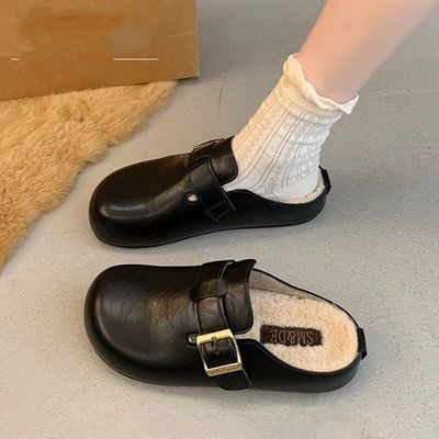 厚底勃肯鞋女加绒皮面2025新款秋冬季外穿包头棉拖一脚蹬毛毛半拖