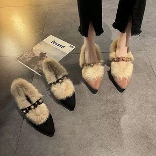 高跟毛毛鞋女冬外穿加绒2025新款网红粗跟豆豆鞋仙女风中跟单鞋女