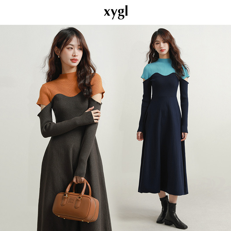 稀有概率艺术镂空撞色针织连衣裙