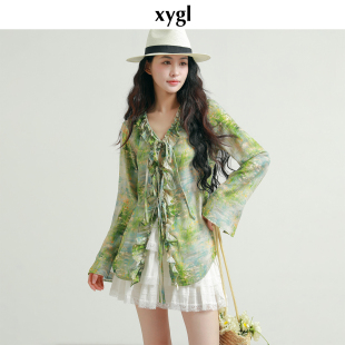 上衣 女春小众收腰喇叭袖 稀有概率 莫奈睡莲原创设计感花边v领衬衫