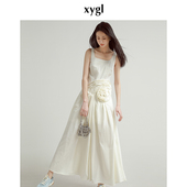 稀有概率 原创设计立体盘花白色连衣裙女夏季 小众吊带收腰a字长裙