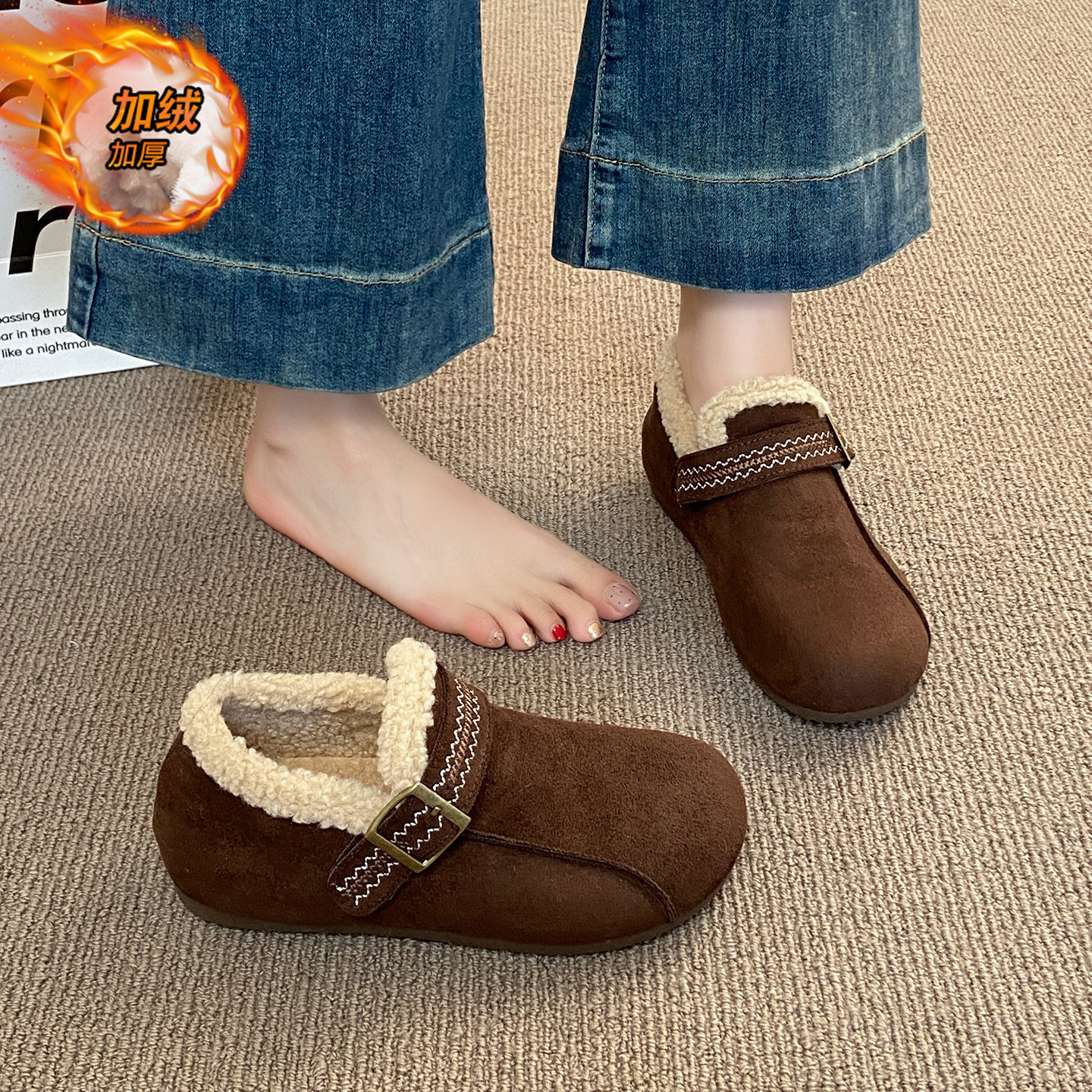 加绒勃肯鞋女冬季2025年新款魔术贴保暖毛毛鞋软底防滑穆勒休闲鞋,女鞋,勃肯鞋/软木鞋,淘宝优惠券,粉丝福利购,淘宝优惠卷