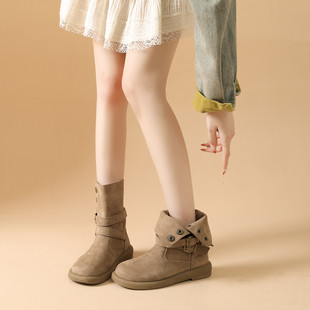 羊皮版 休闲翻面两穿马丁短靴子34 复古皮带扣勃肯中筒靴女2025新款