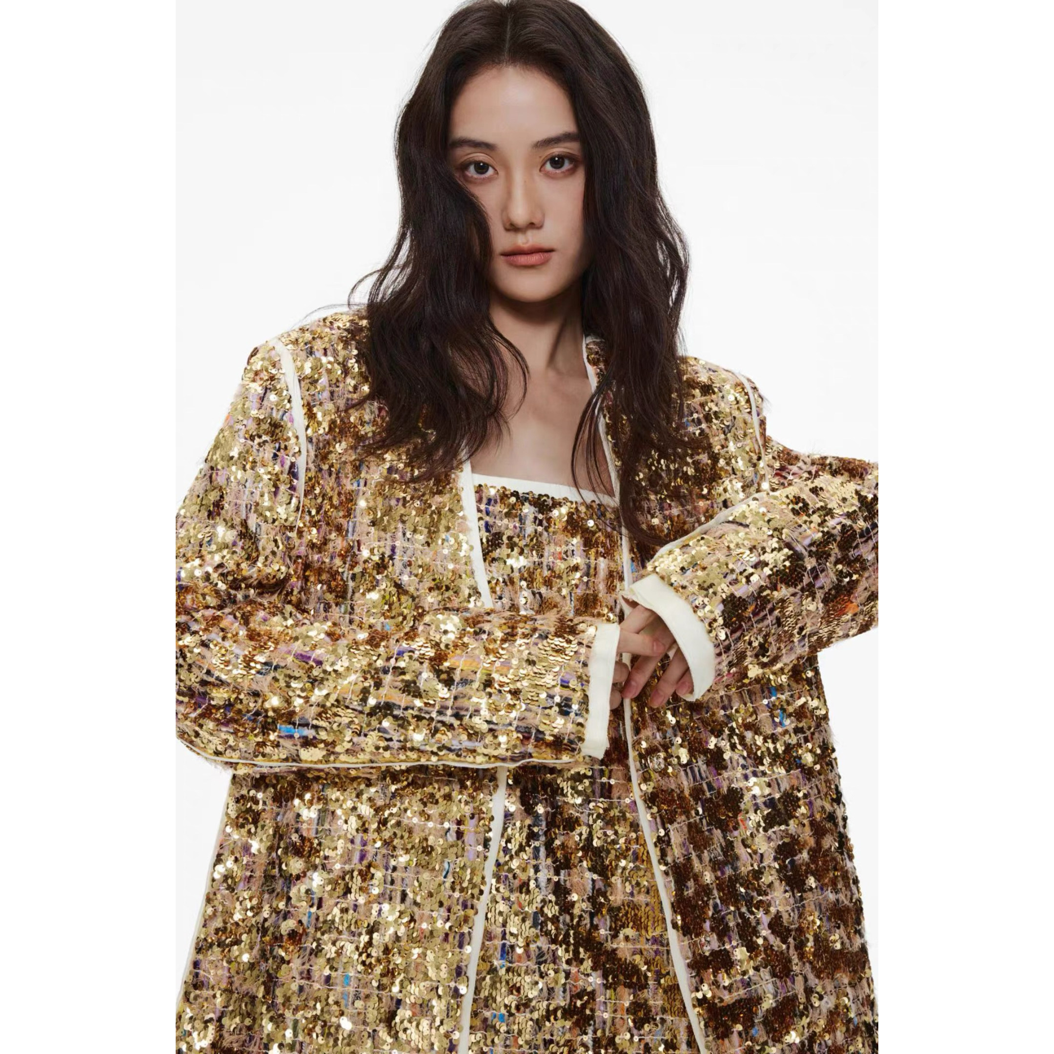 香槟金亮片西装小香风宽松外套时髦高级感穿搭