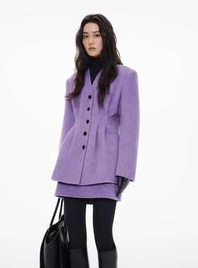 25秋冬/时尚高级感紫色羊毛双面尼收腰外套半裙套装