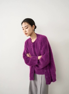 秋冬紫色针织开衫软糯大V领厚实毛衣外套
