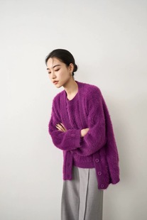 紫色针织开衫软糯大V领厚实毛衣外套秋冬