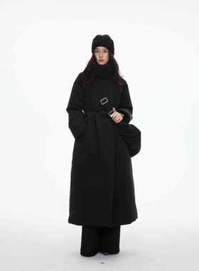 25秋冬/时尚黑色立领系带饺子包长款羽绒服外套女士