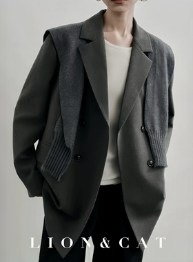 25秋冬/老钱风灰色针织披肩西装外套女士