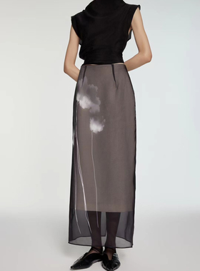25秋/ 时髦新中式灰色网纱拼接半身裙