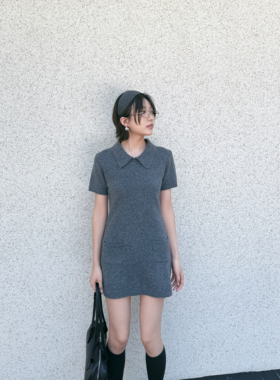 26SS时尚极简针织裙灰色POLO裙