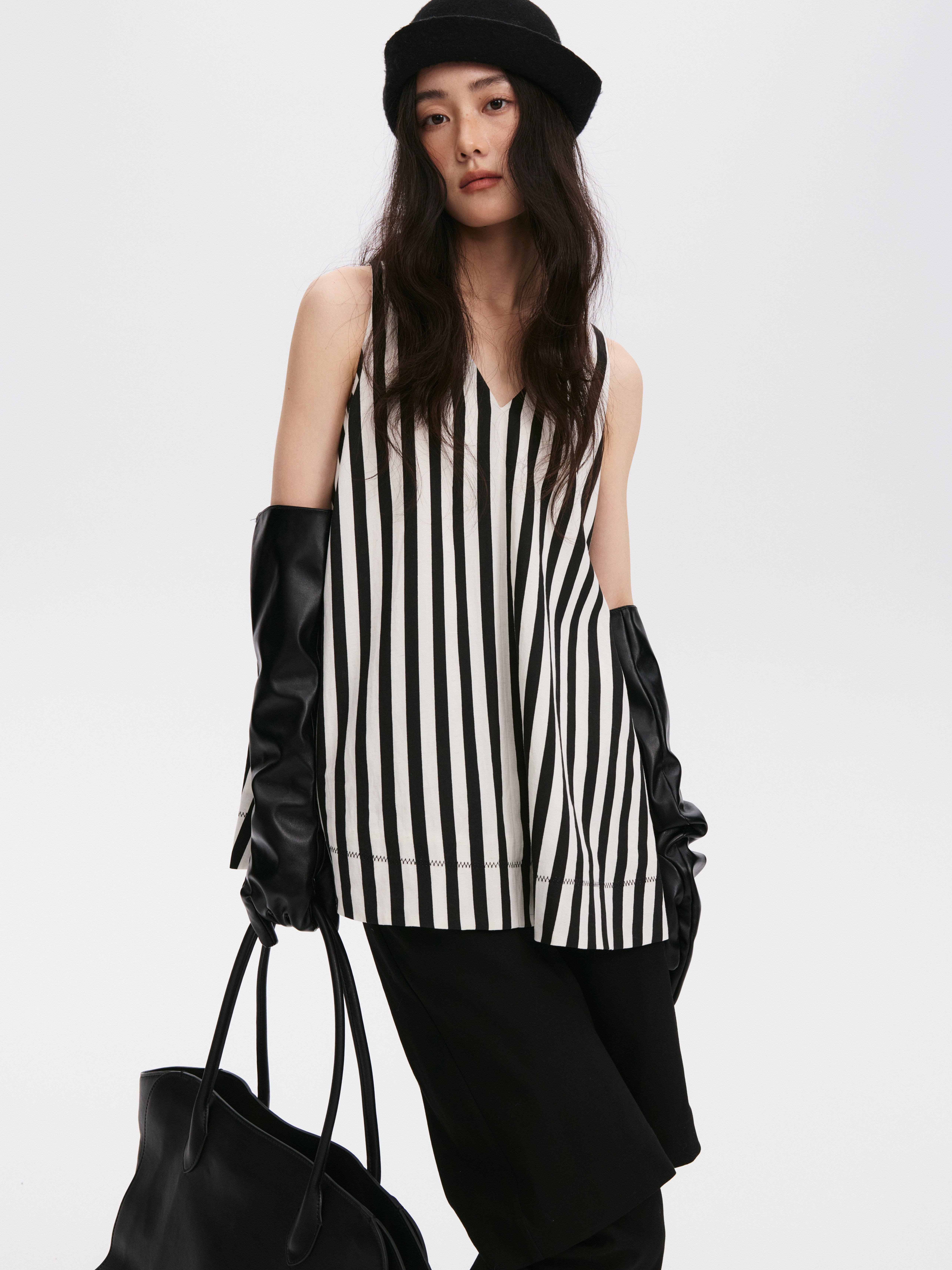 时髦优雅黑白条纹无袖背心天丝亚麻A字摆宽松马甲上衣