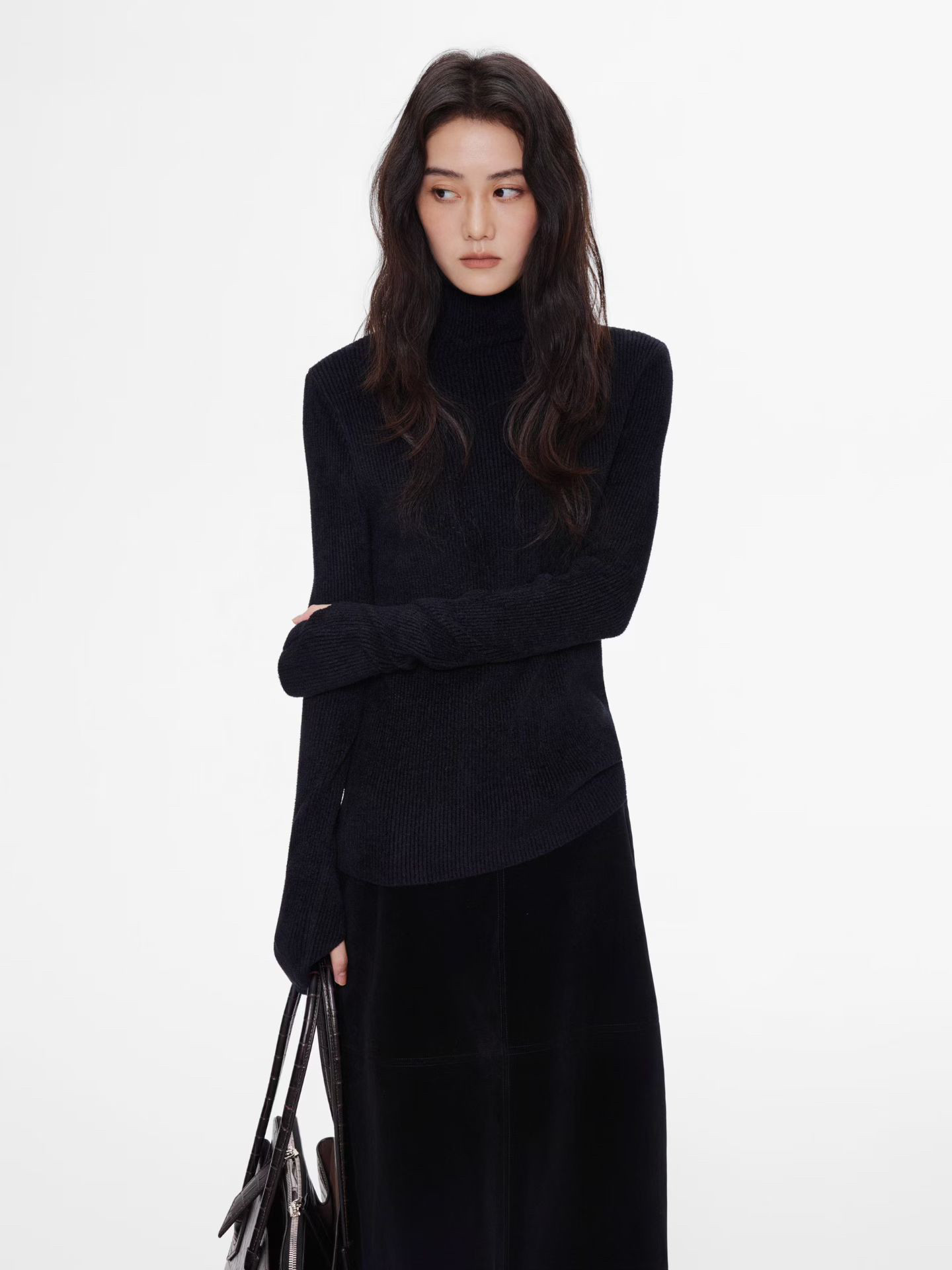 黑色高领长袖针织毛衣修身上衣女士