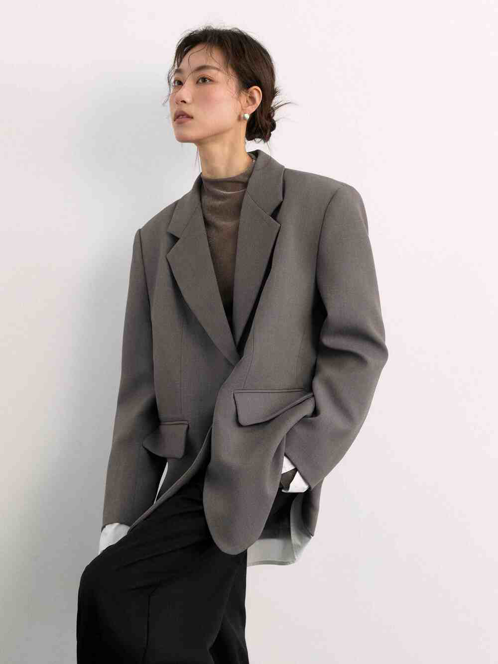 25秋季/ 时髦老钱风灰色宽松西装外套女士