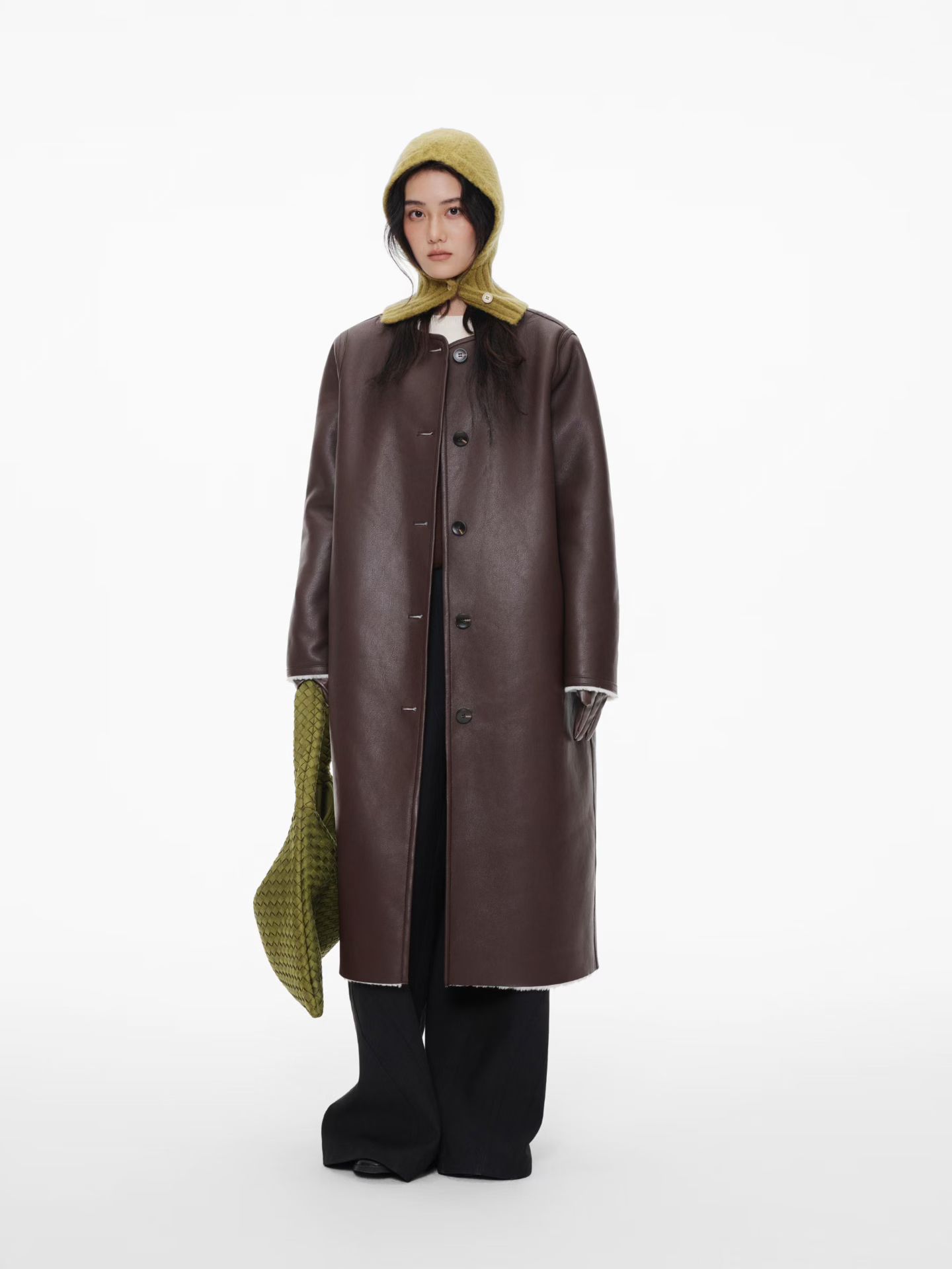 咖色单排扣皮毛一体皮衣大衣外套